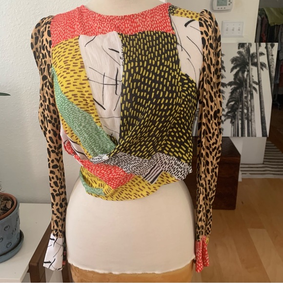 blink London Multicolored long sleeved faux wrap top w wrap tie sash at hem - Picture 1 of 16